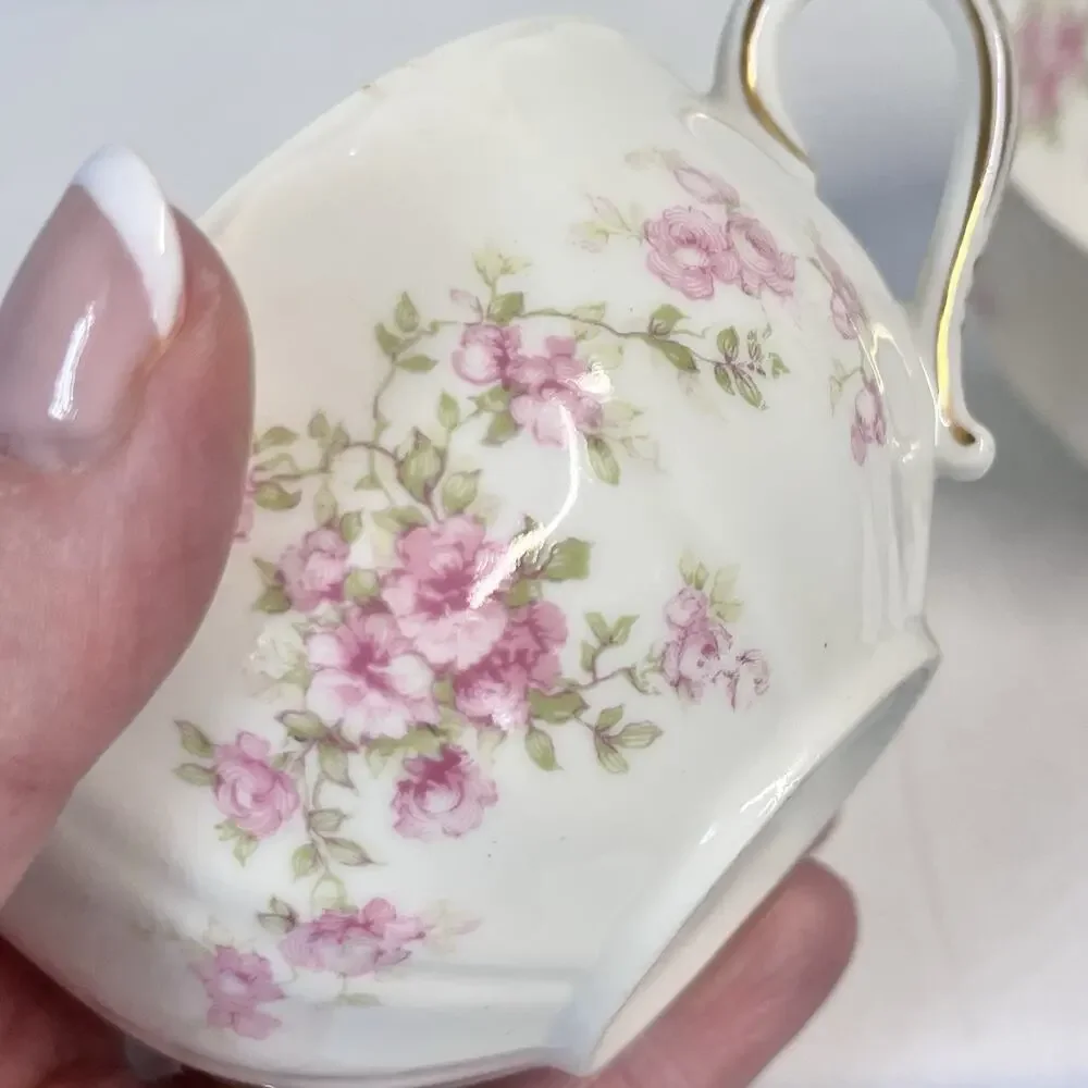 Vintage Haviland France Limoges Set of 2 Tea Cups Gold White Pink Flowers Garden